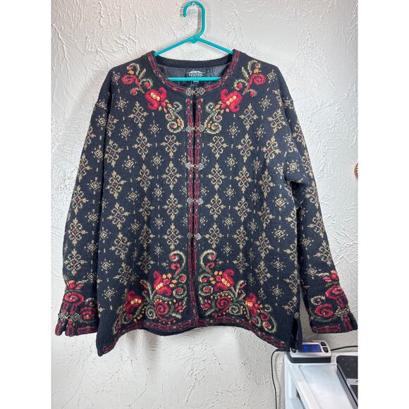 Icelandic Design Red Black Wool Sweater Jacket Womens Size Large - Picture 1 of 5